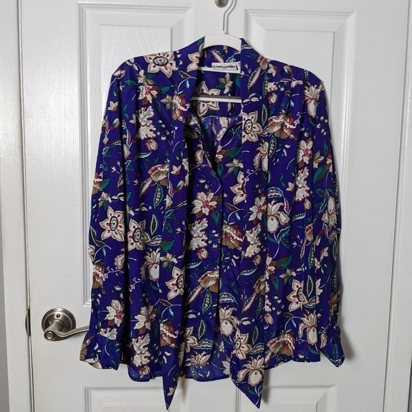 Like-New Alfred Dunner Tie Neck Floral Button Up Royal Blue Satin Blouse Size 12 - Picture 1 of 6